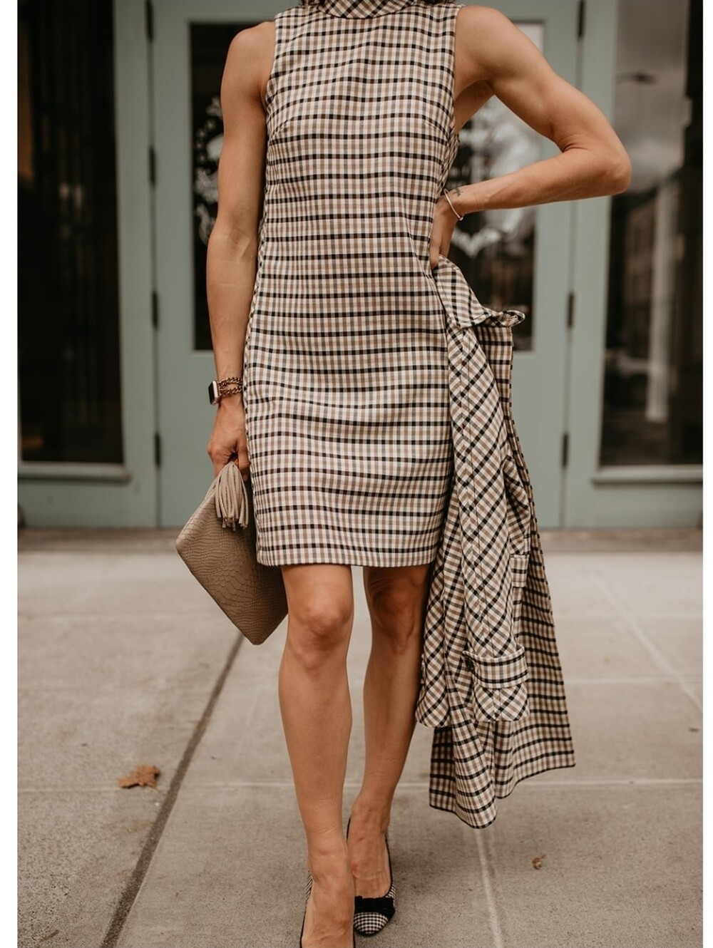 Ann Taylor Beige and Black Checked Sleeveless Sheath Dress - Size 14